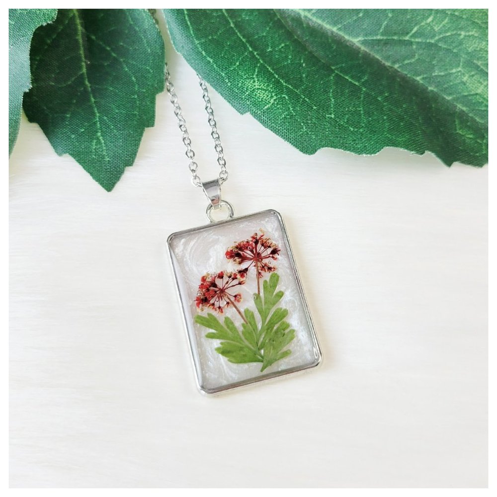 Floral Pendant Necklace Red Green and Pearl White Pressed Dried Flower Necklace